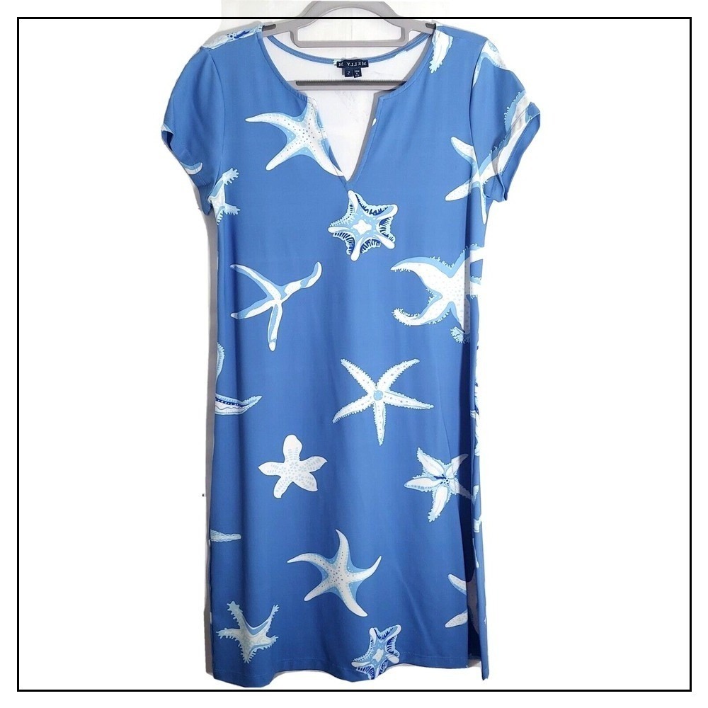 Melly M Dress S Coastal Nautical Sea Star Novelty‎  Stretch tropical Hawaiian